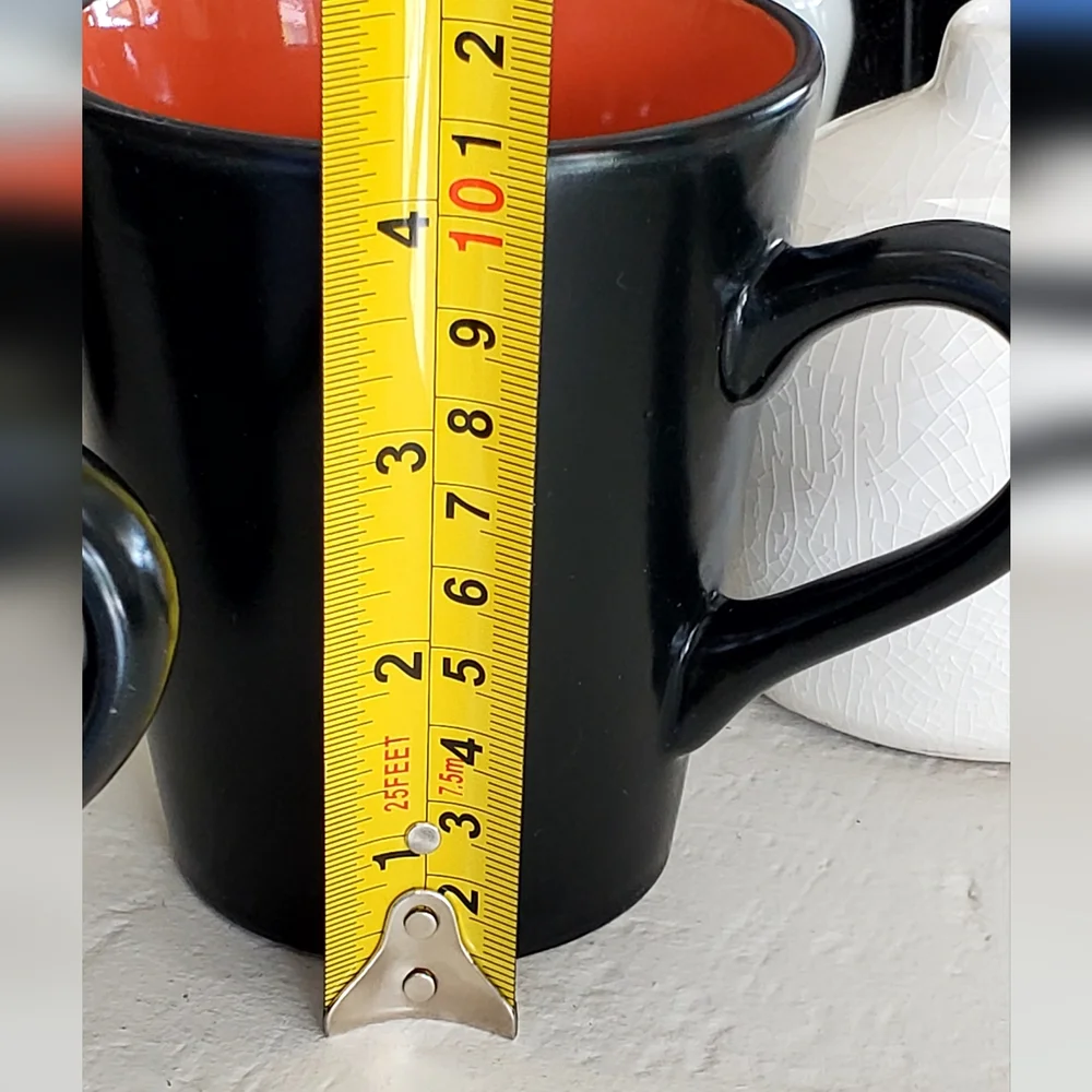Pier 1, Set of 5, Ebony Rim Coral Colorblock Stoneware Coffee Cups, 14oz, EUC